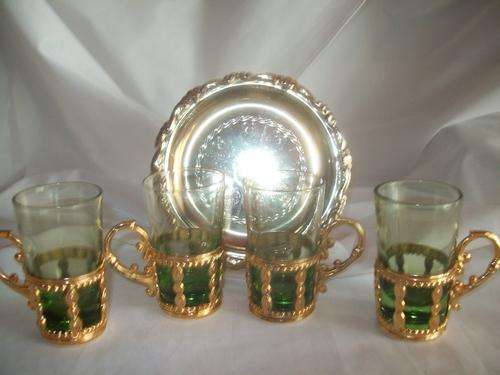 4 SHOT GLASSES in GILDED holder & 5 GILT Plated Coasters - Crazy R1!