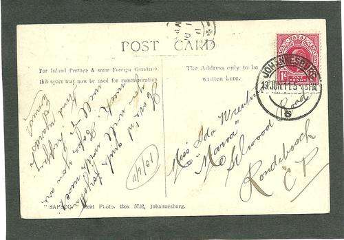 Real photog card of the JSE. Natal stamp used in Joburg. Very clear cancel.