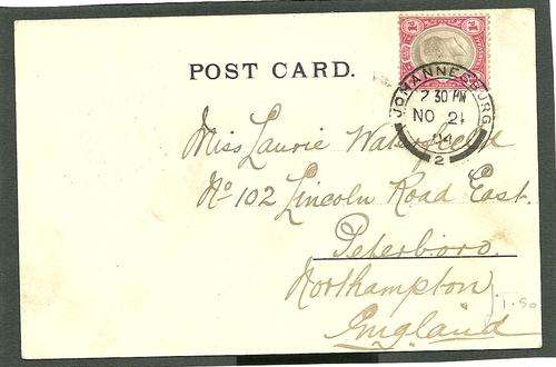 Early undivided back card of "The Hospital" Johannesburg. Used 1904