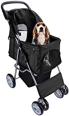 Folding Pet Stroller 4 Wheeled Dog Cat Carrier Cart Outdoor Travel Puppy Trolley
