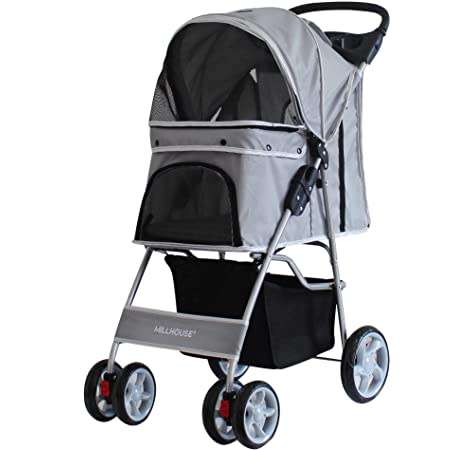 Folding Pet Stroller 4 Wheeled Dog Cat Carrier Cart Outdoor Travel Puppy Trolley