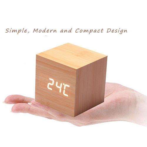 Mini Cube Wooden Clock Voice Control Electronic Desk Clock with LED Digital Tab