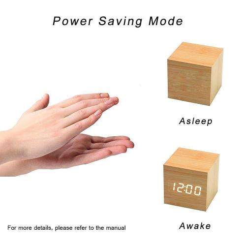 Mini Cube Wooden Clock Voice Control Electronic Desk Clock with LED Digital Tab