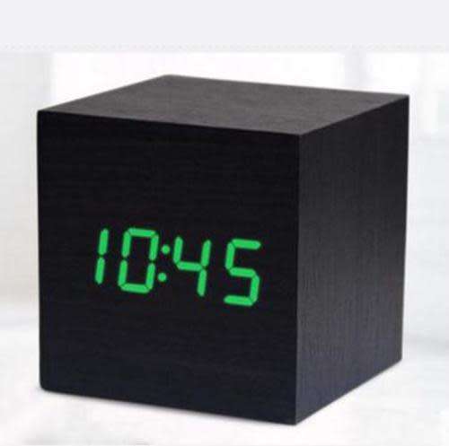 Mini Cube Wooden Clock Voice Control Electronic Desk Clock with LED Digital Tab
