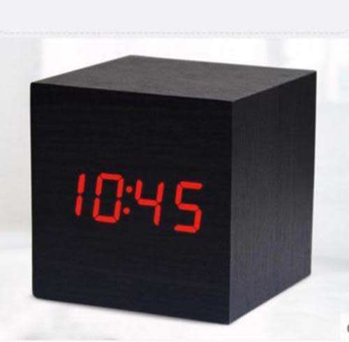 Mini Cube Wooden Clock Voice Control Electronic Desk Clock with LED Digital Tab