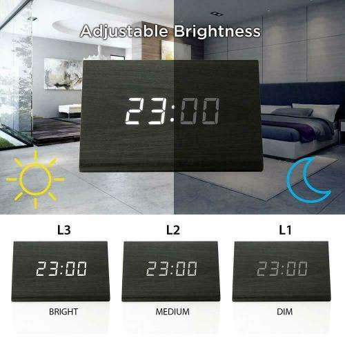 Digital LED Desk Voice Control Alarm Clock Thermometer Modern Wooden Wood