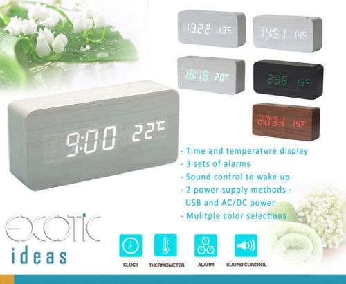 Wood Wooden Clock with LED Display 3 Sets Alarm Time Temperature Sound Control