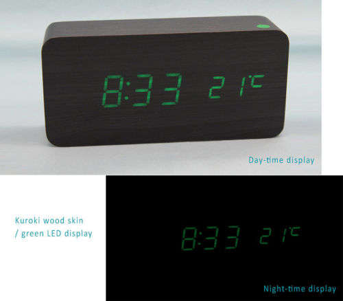 Wood Wooden Clock with LED Display 3 Sets Alarm Time Temperature Sound Control