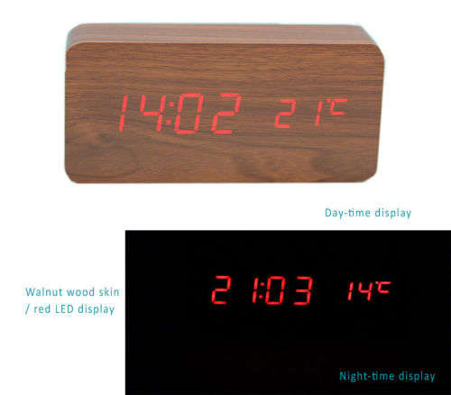 Wood Wooden Clock with LED Display 3 Sets Alarm Time Temperature Sound Control