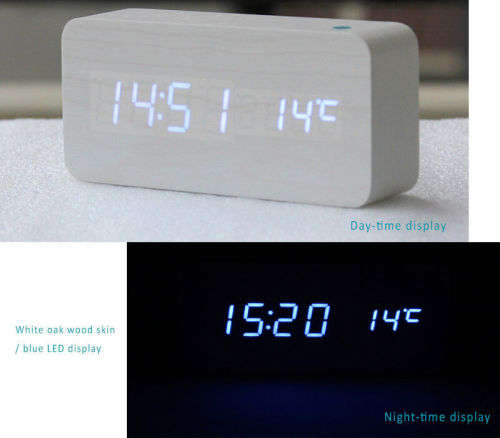 Wood Wooden Clock with LED Display 3 Sets Alarm Time Temperature Sound Control