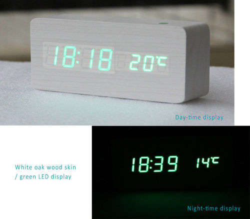 Wood Wooden Clock with LED Display 3 Sets Alarm Time Temperature Sound Control