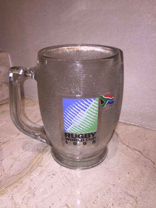 Beautiful Pristine Glass Beer Mug - Rugby World Cup 1995 - Rugby Ball Shaped with Branding