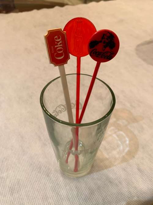 Wimpy Branded Coke Glass - With 3 Coca-Cola Swizzle Sticks