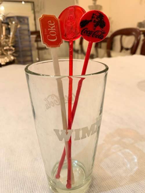 Wimpy Branded Coke Glass - With 3 Coca-Cola Swizzle Sticks