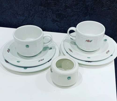 Pair Of Continental Cups, Saucers, Cake Plates - From The Famous Rovos Rail  Includes A Sugar Bowl