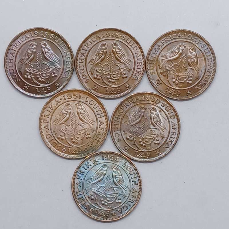 South Africa Union 1/4 PENNY Bundle (one bid for all coins /6 coins) 1943/ 1946/ 1947/ 1950/ 1951/54