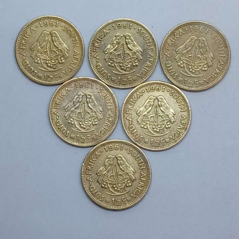 6 x 1961 South Africa 1/2 cent pieces