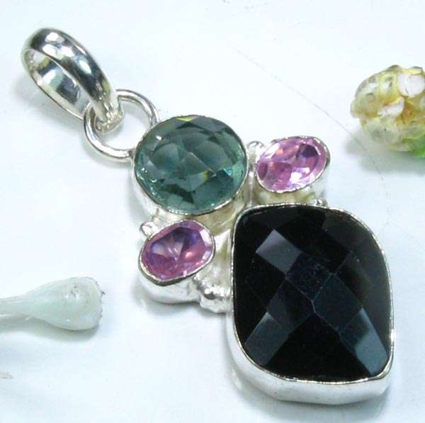 NATURAL BLACK ONYX, PINK & BLUE TOPAZ SILVER PENDANT