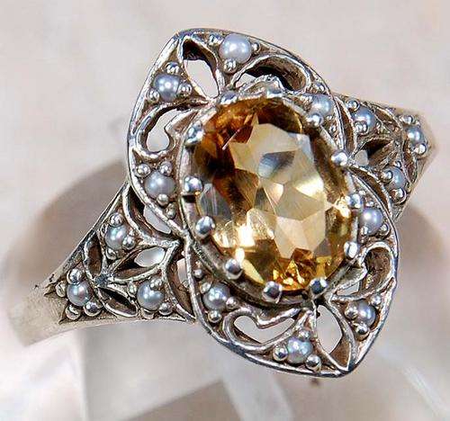 Final Clearance!!2ct Natural Citrine & Seed Pearl 925 Sterling Silver Victorian Style Ring Sz 6.75