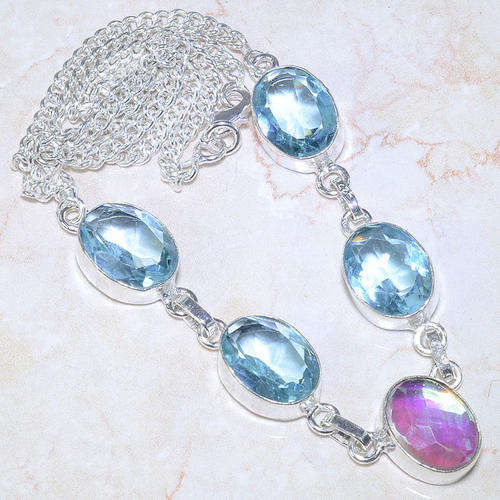 THIS ONE IS A STUNNER!! BLUE AND RAINBOW TOPAZ SILVER NECKLACE