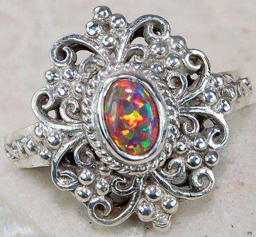 STUNNING RED FIRE OPAL STERLING SILVER FILIGREE RING SIZE 6