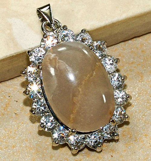 Cubic Zirconia and Agate Gemstone Flat Oval Pendant