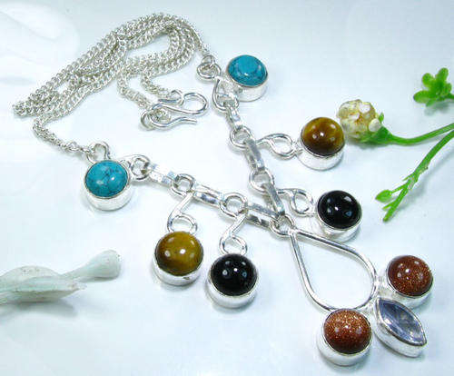 TIGER EYE,TURQUOISE, BLACK ONYX, SUN SITARA & AMETHYST .925 SILVER NECKLACENTPENDANT