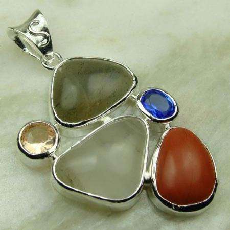 NATURAL RED JASPER , AGATE AND QUARTZ SILVER PENDANT