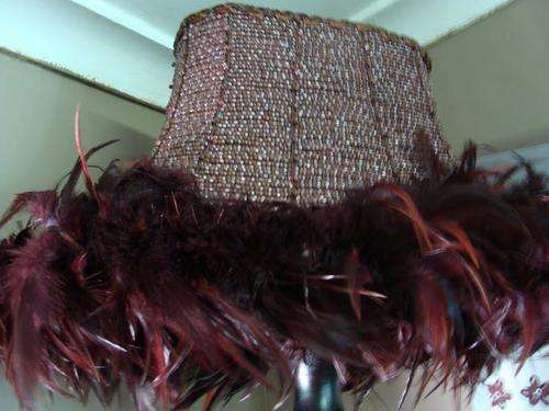 BROWN BEADED LAMPSHADE WITH FEATHER TRIM