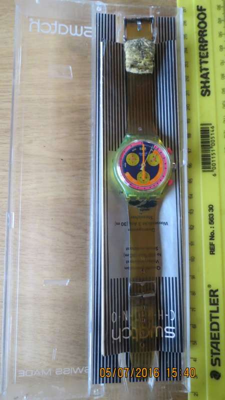 Swatch watch, C-H-R-O-N-O,strap broken, in original box with leaflet,as per photo