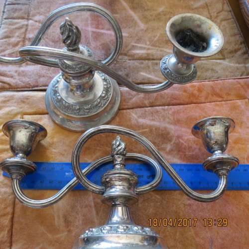 pair of silver plated candle sticks, 12cm high, 26cm across, as per photo
