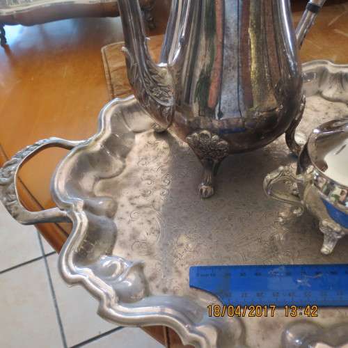 silver plated tea set with water jug on silver plated tray, in decent condition, as per photo