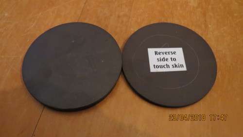 set of 9 flat magnets for magnetic therapy, labelled reverse side to touch skin, as per photo