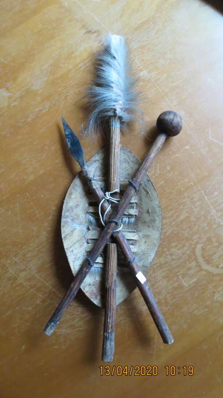 small Zulu shield knobkerry and spear, 38cm by 12cm, as per photo