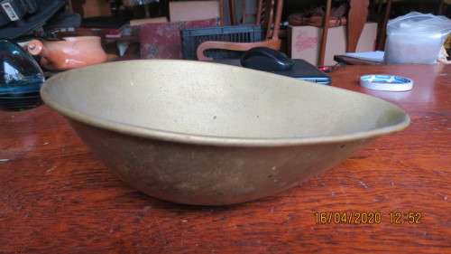 Brass scale bowl, teardrop in shape, 25.5cm by 20cm, as per photo