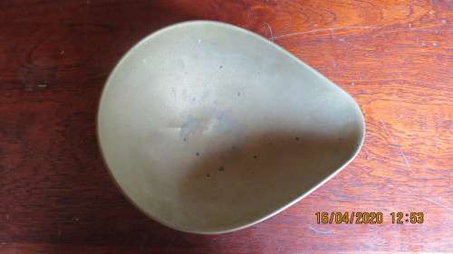 Brass scale bowl, teardrop in shape, 25.5cm by 20cm, as per photo