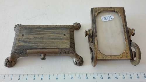 antique brass mirror and photo frame on stand, with drawer, needs to be repaired, 11.5cm high, as pe