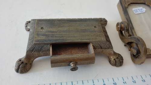 antique brass mirror and photo frame on stand, with drawer, needs to be repaired, 11.5cm high, as pe