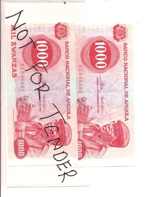 Angola, 2x 1000 Kwanza, 1976, in mint condition, slight fold mark, as per scan