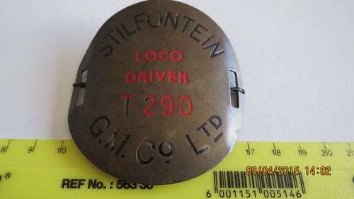 Railway, very rare, Stilfontein Loco Driver brass plate, number T290 G.M. Co Ltd, as per photo