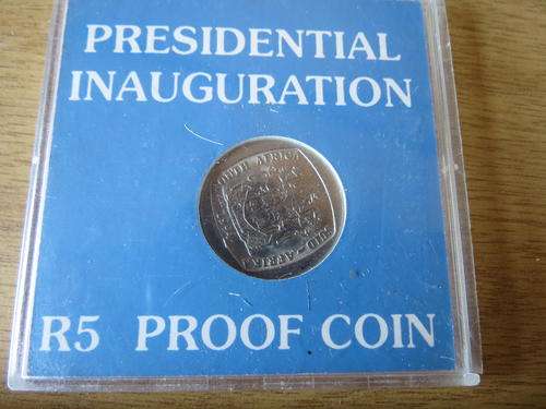 Mandela Presidential Inauguration R5 Proof coin holder with replacement R5 coin, not Proof