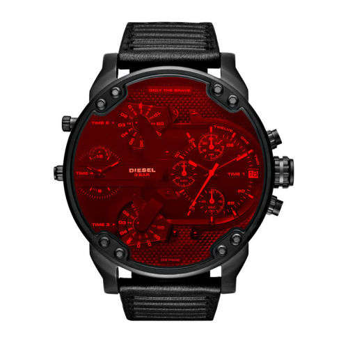 Diesel Men's Watch DZ7402 Mr. Daddy 2.0, Red Lens, Black Dial, Leather Strap