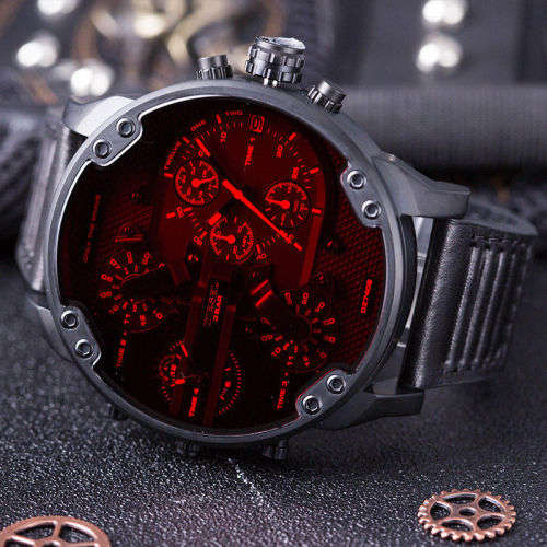 Diesel Men's Watch DZ7402 Mr. Daddy 2.0, Red Lens, Black Dial, Leather Strap