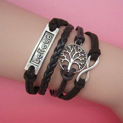 Hot! Infinity Antique Silver Believe Charm Leather Bracelet