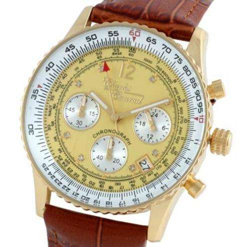 **Stunning**Charles Conrad Diamond Air Commander GOLD PL, Leather, Chrono, Champagne Dial,Pilot