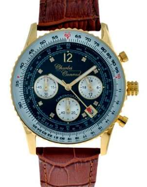 **Stunning**Charles Conrad Diamond Air Commander GOLD PL, Leather, Chronograph Pilot,Black Dial
