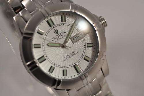 **Stunning**AUTHENTIC NEW MENS CROTON AUTOMATIC DAY DATE SILVER DIAL S/TEEL WATCH.