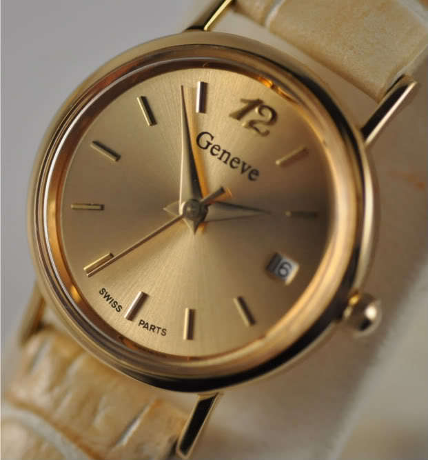 **Classic**NEW LADIES 14K SOLID GOLD GENEVE SWISS LEATHER WATCH