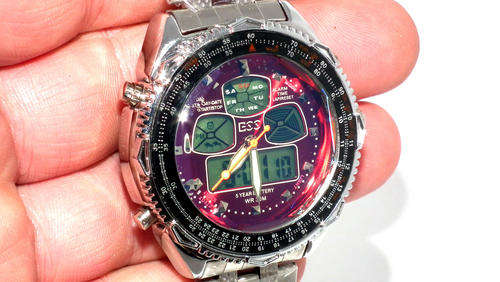 ESS Brand New Mens Analog Digital Alarm Maroon Face S/Steel Sport Quartz Watch WM004-ESS