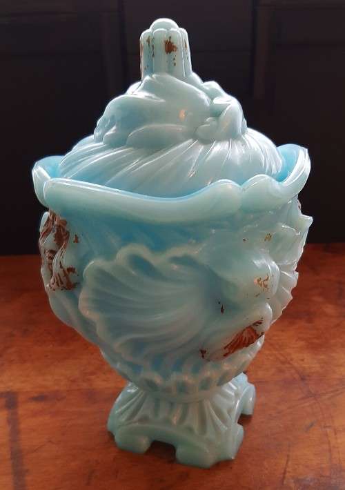 ANTIQUE PORTIEUX VALLERYSTHAL BLUE MILK GLASS LIDDED JAR